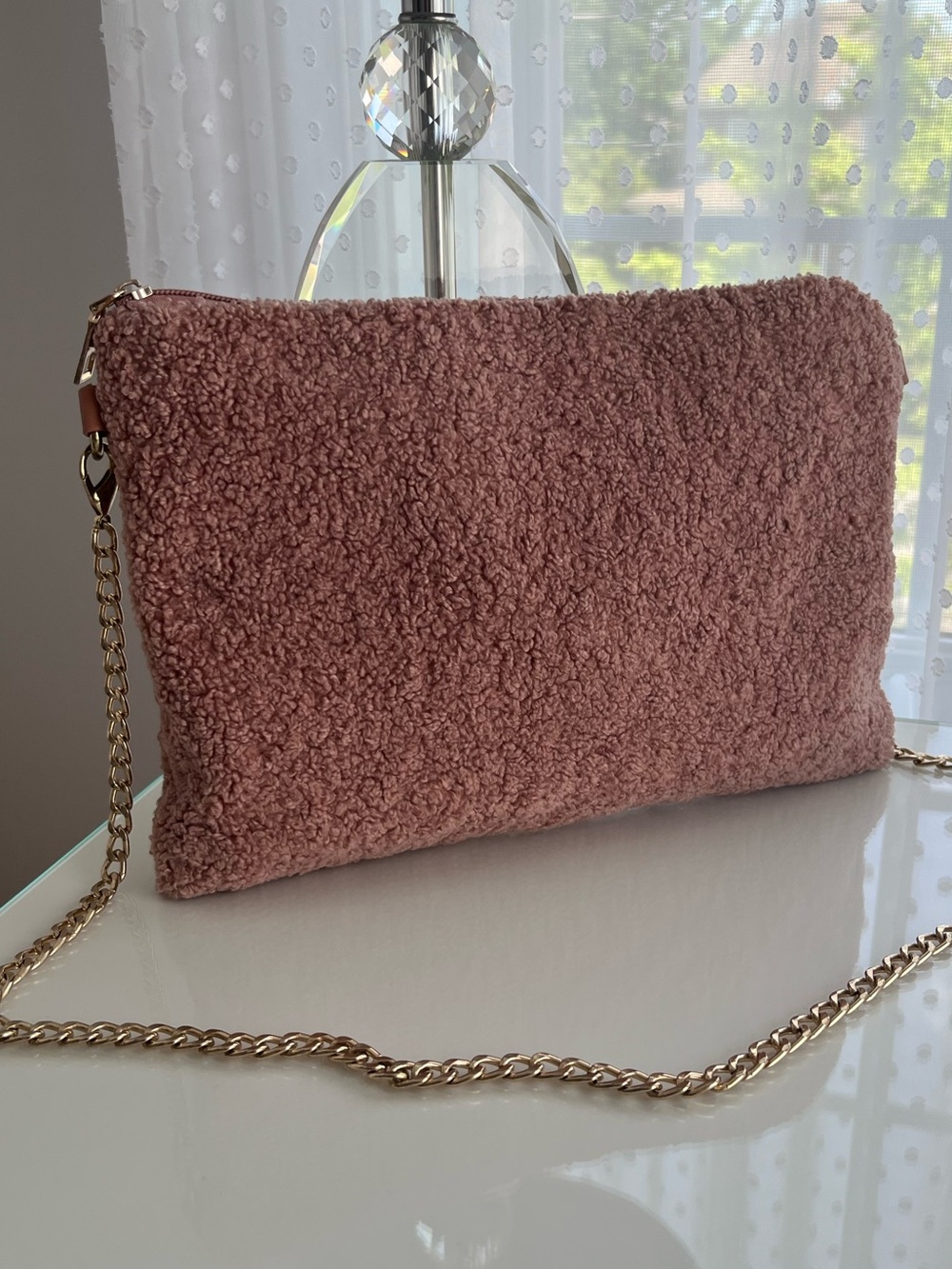 Plush Pink Sherpa Crossbody Bag with Elegant Gold Chain